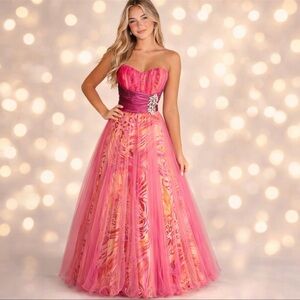 Pink Animal Print Tulle Prom Dress Strapless Rhinestone Waist Formal Gown Glam